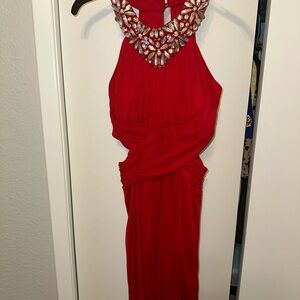 B Darlin Red Midi Dress with Jewel Neckline